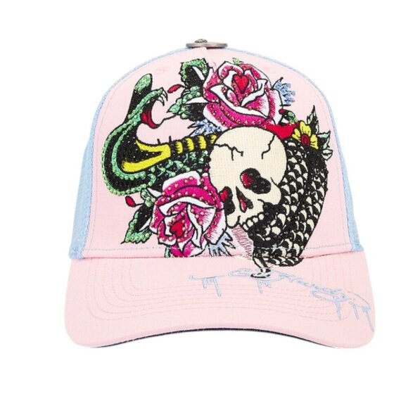 Ed Hardy Rhinestone Cobra Trucker Hat, Pink & Blue Sky, Unisex, NWT - Picture 1 of 7